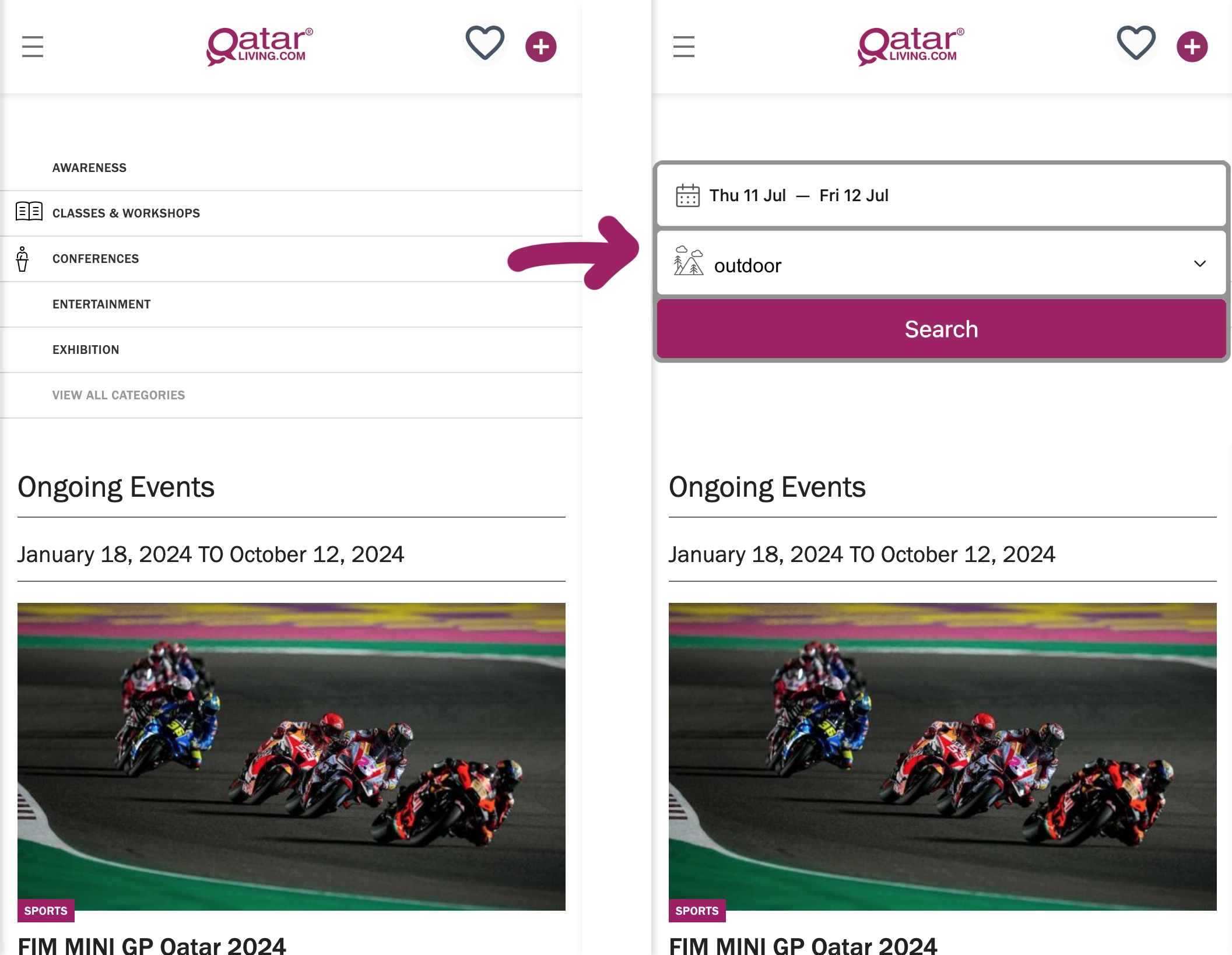 Replace the multiple categories on the events landing page with a date-focused search bar